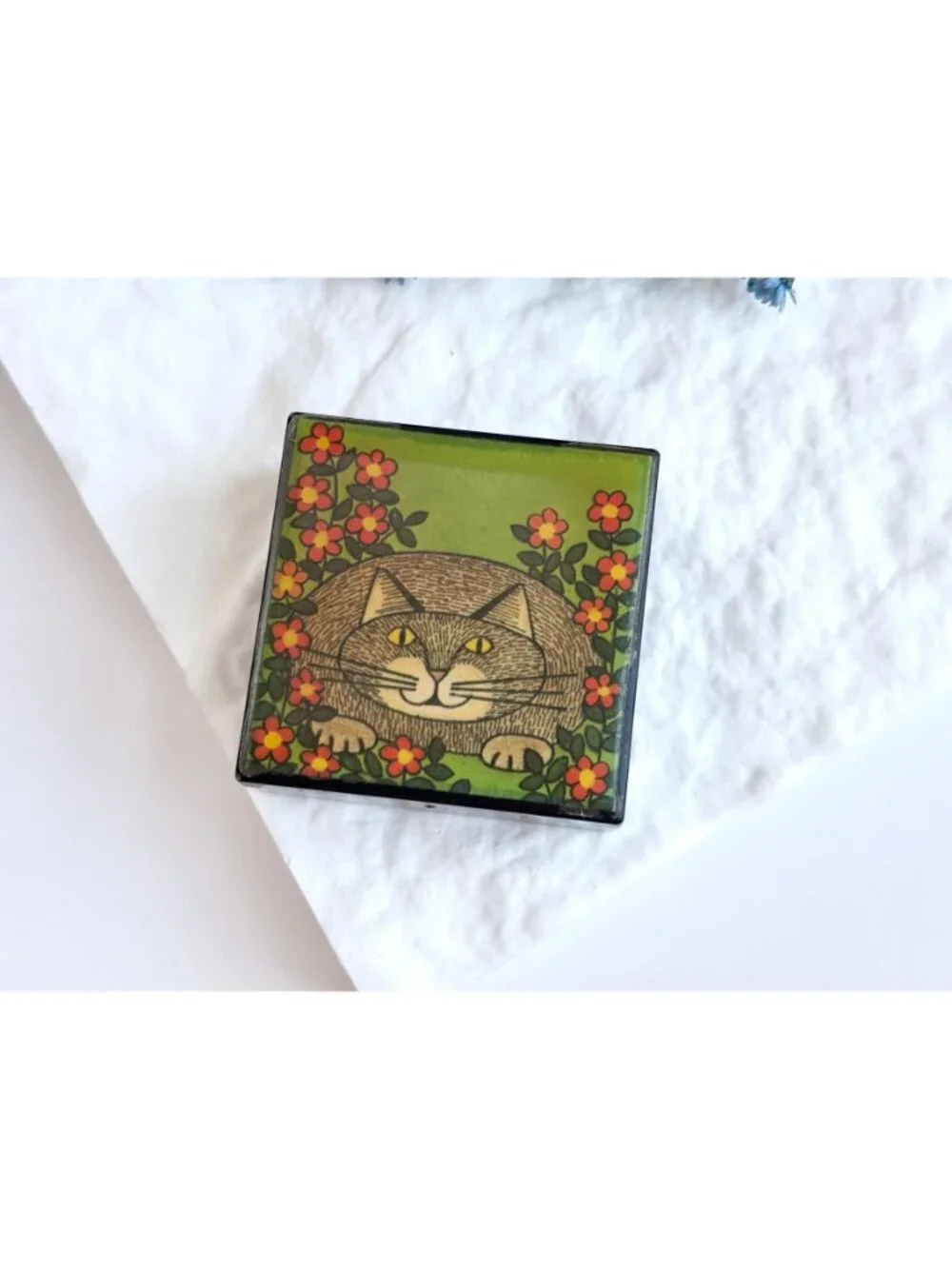 Orange Cat Floral Lacquered Square Wood Floral Vintage Trinket Box | Jewelry Box